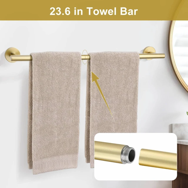Alt view image 3 of 7 - 5 Pieces Brushed Gold Towel Bar Set, Upgraded Round Bathroom Hardware Accessories Set, Toilet Paper Holder Towel Holder Set for Bathroom Stainless Steel Wall Mounted 23.6Inch