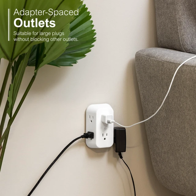 Alt view image 4 of 7 - Outlet Extender, 6 Outlet Multi Plug Wall Power Splitter | 3 Prong Multiple Plug Wall Adapter (Wide Spaced Outlets), Electrical Expander, Screw Mountable, White, 50759