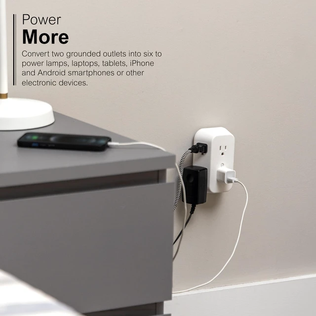 Alt view image 5 of 7 - Outlet Extender, 6 Outlet Multi Plug Wall Power Splitter | 3 Prong Multiple Plug Wall Adapter (Wide Spaced Outlets), Electrical Expander, Screw Mountable, White, 50759