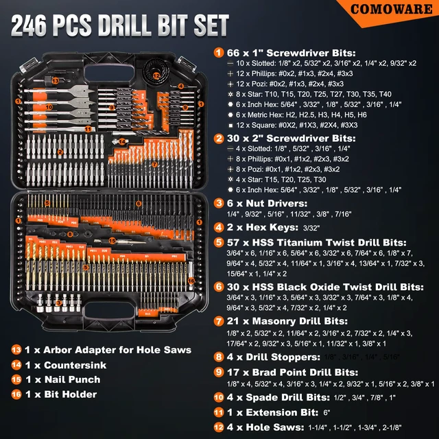 Alt view image 2 of 7 - Drill Bit Set, 246 Pcs Screwdriver Bits for Cordless Drill, Screwdriver Drill Bits Set Combo Kit for Wood, Metal Masonry Cement, Orange Case