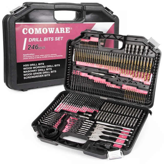 Main image of 246 Pcs Drill Bit Set for Cordless Drill, Drill Driver Bit Set for Wood, Metal, Masonry, Cement and Screwdriver Bits Set Combo Kit, Pink Case