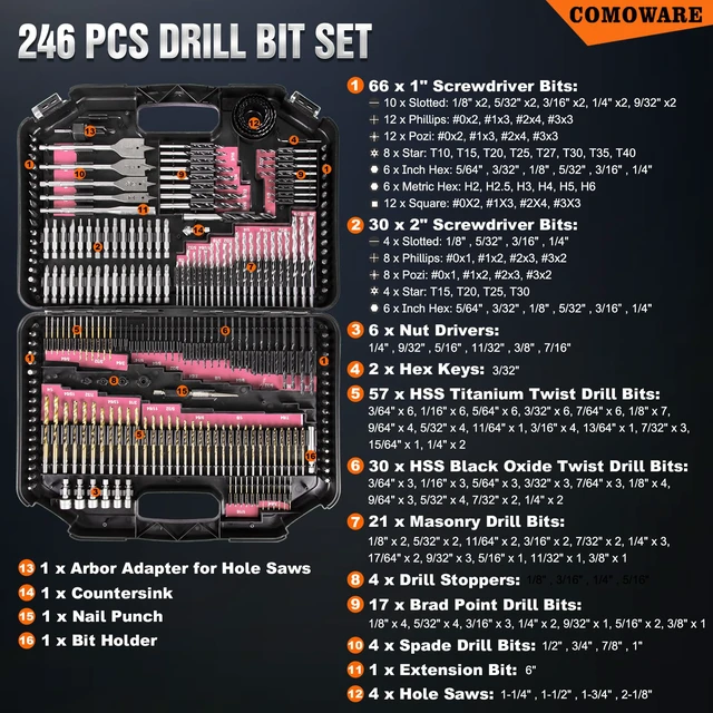 Alt view image 2 of 7 - 246 Pcs Drill Bit Set for Cordless Drill, Drill Driver Bit Set for Wood, Metal, Masonry, Cement and Screwdriver Bits Set Combo Kit, Pink Case
