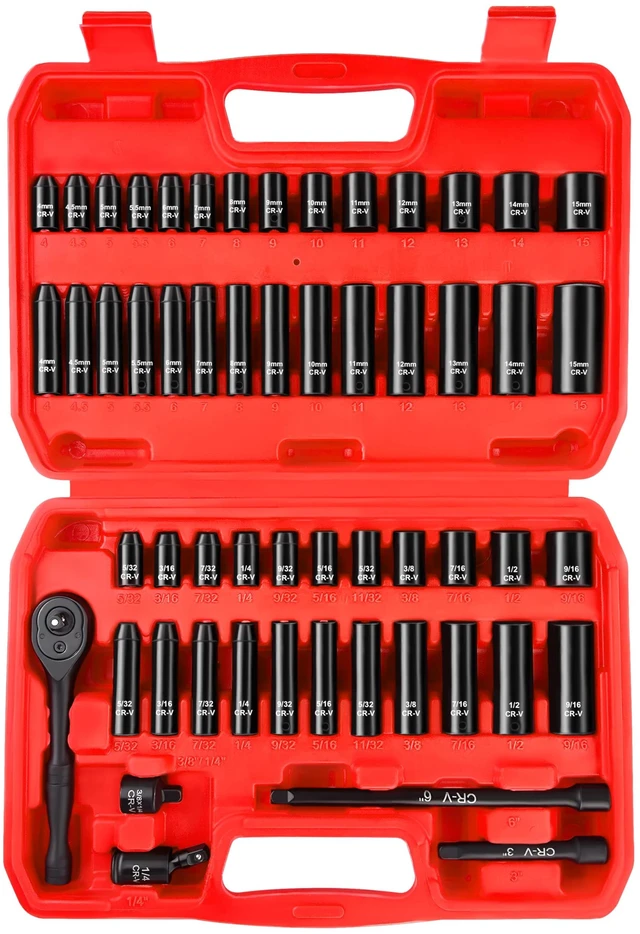 Main image of 1/4" Drive Impact Socket Set, 55 Piece, SAE/Metric, Deep/Shallow, Cr-V Steel, 6 Point, (5/32"-9/16", 4-15mm) Sockets with Ratchet Handle, Extension bar, Adapter and Universal Joint