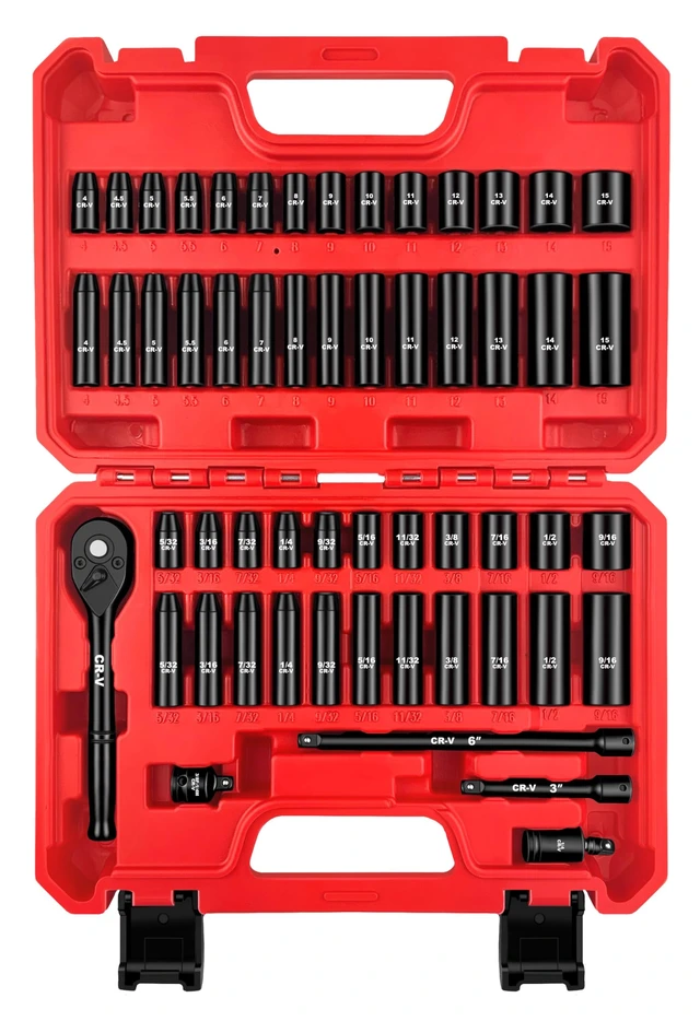 Main image of 55-Piece 1/4" Drive Impact Socket Set, SAE/Metric, Deep/Shallow, Cr-V Steel, 6 Point, (5/32"-9/16", 4-15mm) Sockets with Ratchet Handle, Extension bar, Adapter and Universal Joint