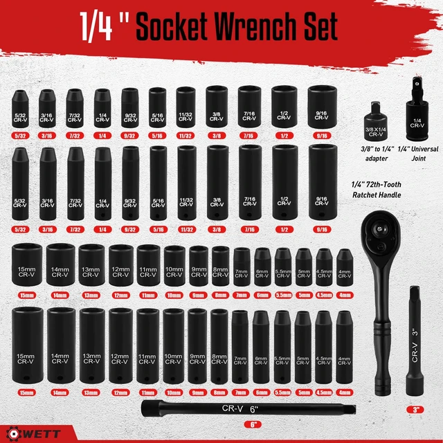 Alt view image 2 of 7 - 1/4" Drive Impact Socket Set, 55 Piece, SAE/Metric, Deep/Shallow, Cr-V Steel, 6 Point, (5/32"-9/16", 4-15mm) Sockets with Ratchet Handle, Extension bar, Adapter and Universal Joint