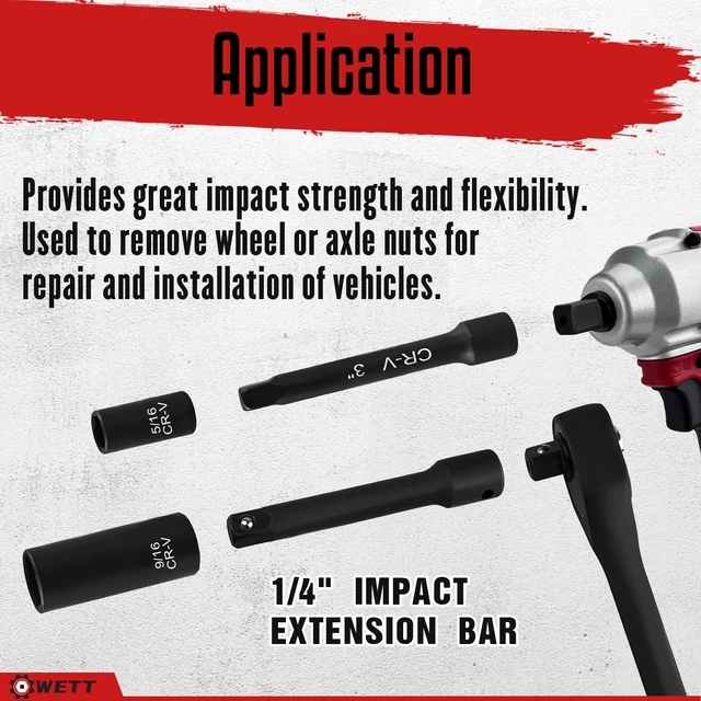 Alt view image 6 of 7 - 1/4" Drive Impact Socket Set, 55 Piece, SAE/Metric, Deep/Shallow, Cr-V Steel, 6 Point, (5/32"-9/16", 4-15mm) Sockets with Ratchet Handle, Extension bar, Adapter and Universal Joint