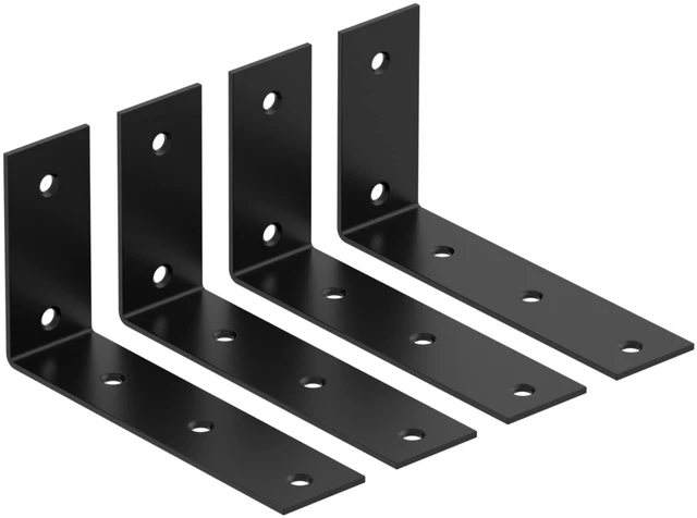 Main image of 7 Inch Shelf Bracket, Heavy Duty L Bracket, Black, 4 Pack 3mm Thick Stainless Steel, 55 LB Load Capacity, Wide Support Design, Easy Installation, Includes Hardware