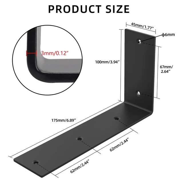 Alt view image 2 of 6 - 7 Inch Shelf Bracket, Heavy Duty L Bracket, Black, 4 Pack 3mm Thick Stainless Steel, 55 LB Load Capacity, Wide Support Design, Easy Installation, Includes Hardware