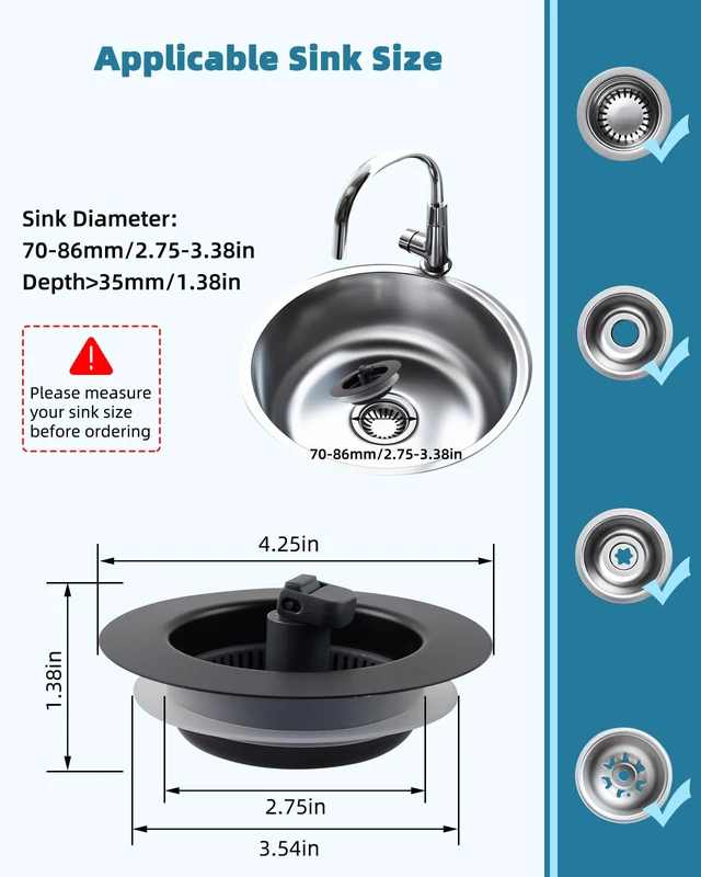 Alt view image 3 of 6 - Universal 3 in 1 Kitchen Sink Drain Strainer Stopper Combo, Matteblack Stainless Steel Shell Pop Up Sink Stopper for US Standard 3-1/2 inch Drain Filter, Anti-clog and Easy Clean