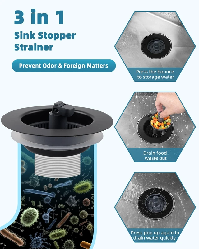 Alt view image 5 of 6 - Universal 3 in 1 Kitchen Sink Drain Strainer Stopper Combo, Matteblack Stainless Steel Shell Pop Up Sink Stopper for US Standard 3-1/2 inch Drain Filter, Anti-clog and Easy Clean