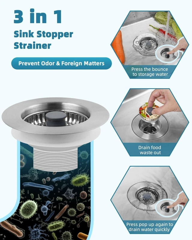 Alt view image 5 of 6 - All Metal Sink Drain Strainer for Kitchen Sink, 2PACK Universal Fit Pop Up 3-in-1 Sink Stopper Drainer for US Standard 3-1/2 inch Drain Filter, Anti-clog