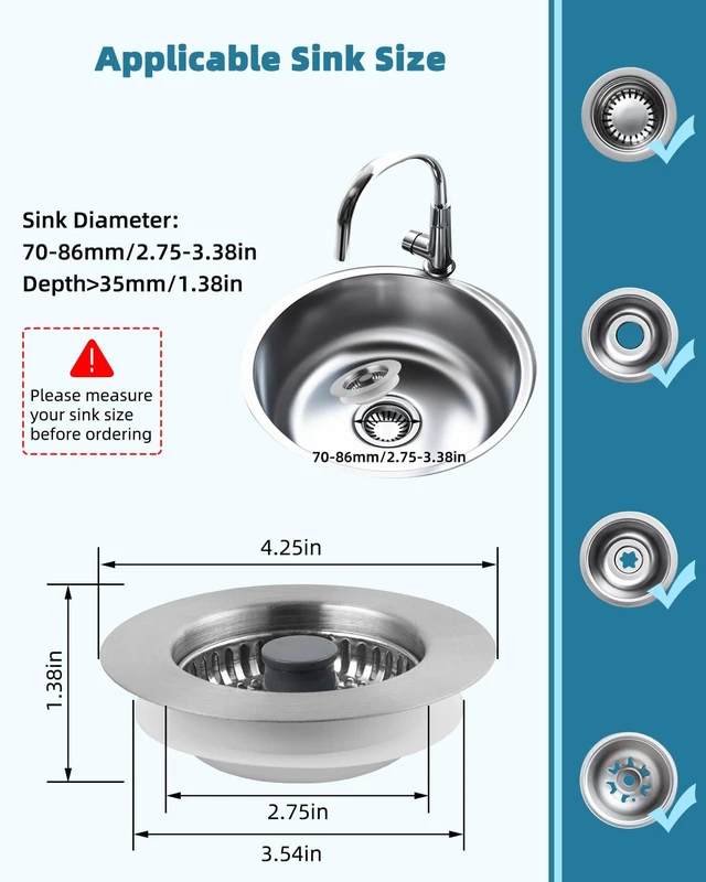 Alt view image 6 of 6 - All Metal Sink Drain Strainer for Kitchen Sink, 2PACK Universal Fit Pop Up 3-in-1 Sink Stopper Drainer for US Standard 3-1/2 inch Drain Filter, Anti-clog