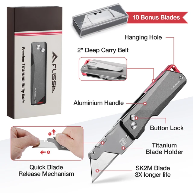 Alt view image 6 of 7 - Advanced Titanium Utility Knife, CNC Unibody, Lightweight All Metal Folding Box Cutter, Quick Change Blade Razor Knife,Ideal Gifts for Men Women, with 10 Extra Blades