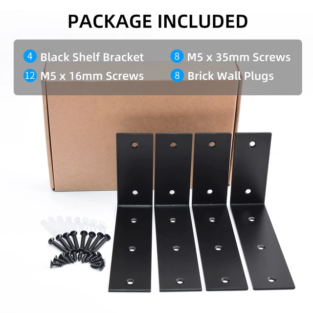 Alt view image 5 of 6 - 7 Inch Shelf Bracket, Heavy Duty L Bracket, Black, 4 Pack 3mm Thick Stainless Steel, 55 LB Load Capacity, Wide Support Design, Easy Installation, Includes Hardware