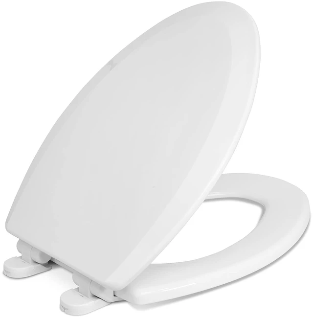 Main image of Elongated Toilet Seat, Slow Close, Wood Core/Plastic Finish, White Heavy-Duty Wood Core with Plastic Scratch-Resistant Finish, Chrome Hinge, Made in the USA, 900SC-001