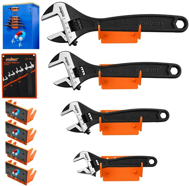 Main image of 4-Piece Adjustable Wrench Set With 4-Piece Magnetic Wrench Organizer Racks, 6" 8" 10" Wide Jaw Black Oxide Wrenches with Tool Roll Pouch, Metric&SAE Scales, CR-V Steel for Home Garage Workshop