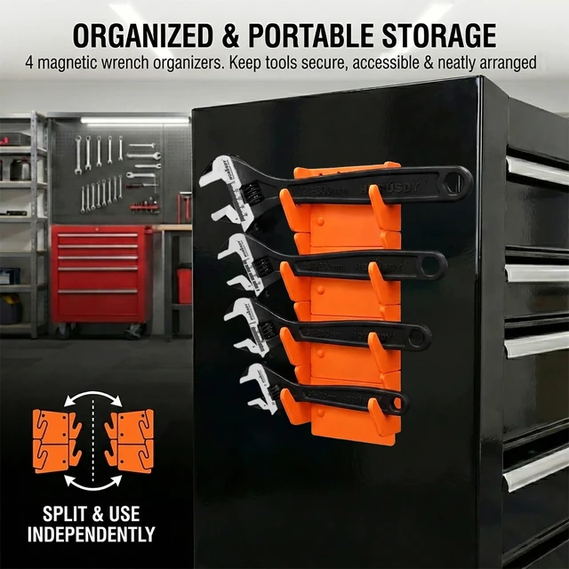 Alt view image 2 of 7 - 4-Piece Adjustable Wrench Set With 4-Piece Magnetic Wrench Organizer Racks, 6" 8" 10" Wide Jaw Black Oxide Wrenches with Tool Roll Pouch, Metric&SAE Scales, CR-V Steel for Home Garage Workshop