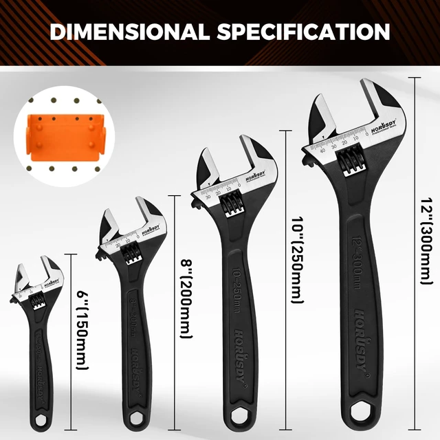 Alt view image 3 of 7 - 4-Piece Adjustable Wrench Set With 4-Piece Magnetic Wrench Organizer Racks, 6" 8" 10" Wide Jaw Black Oxide Wrenches with Tool Roll Pouch, Metric&SAE Scales, CR-V Steel for Home Garage Workshop