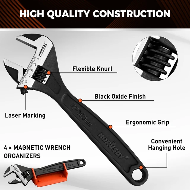 Alt view image 4 of 7 - 4-Piece Adjustable Wrench Set With 4-Piece Magnetic Wrench Organizer Racks, 6" 8" 10" Wide Jaw Black Oxide Wrenches with Tool Roll Pouch, Metric&SAE Scales, CR-V Steel for Home Garage Workshop