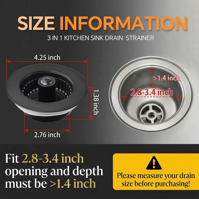 Alt view image 7 of 7 - Kitchen Sink Stopper, 3 in 1 Pop Up Kitchen Sink Drain Strainer, with an Extra Basket Strainer, Sink Drain Stopper for US Standard 3-1/2 Inch, Brass Material Electroplate (Black)