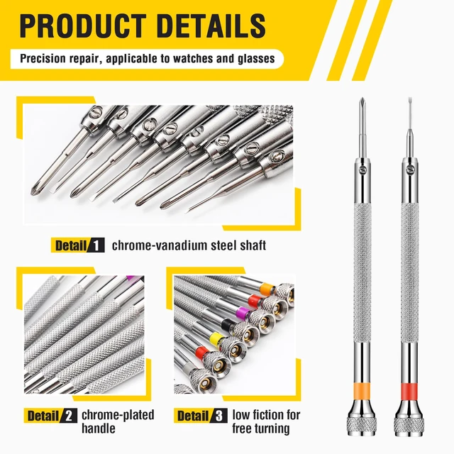 Alt view image 4 of 7 - 8 Pieces Precision Jewelers Screwdriver Set, Micro Watch Repair 0.6-1.8 mm Flathead, Phillips Screwdriver Set for Watch, Eyeglasses, Jewelry Work, Electronics Repair