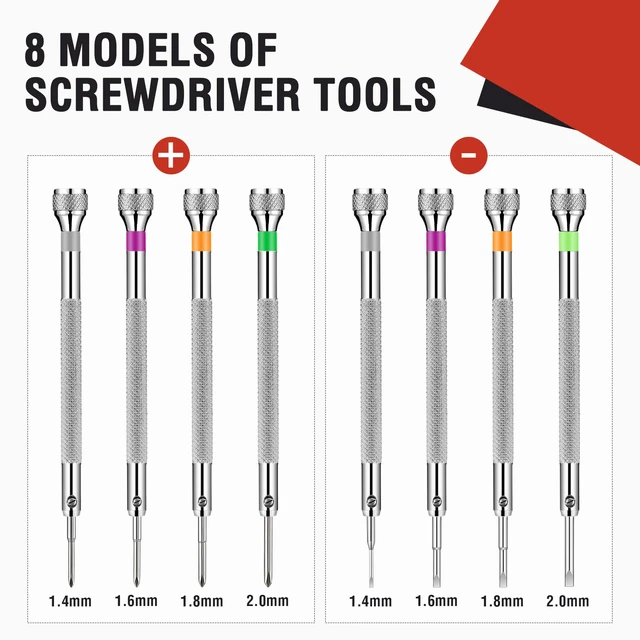 Alt view image 2 of 7 - 8 Pieces Precision Jewelers Screwdriver Set, Micro Watch Repair 1.4-2.0 mm Flathead, Phillips, Watch Regulator, Remover Setter