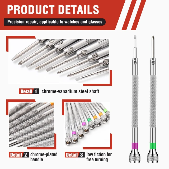 Alt view image 4 of 7 - 8 Pieces Precision Jewelers Screwdriver Set, Micro Watch Repair 1.4-2.0 mm Flathead, Phillips, Watch Regulator, Remover Setter