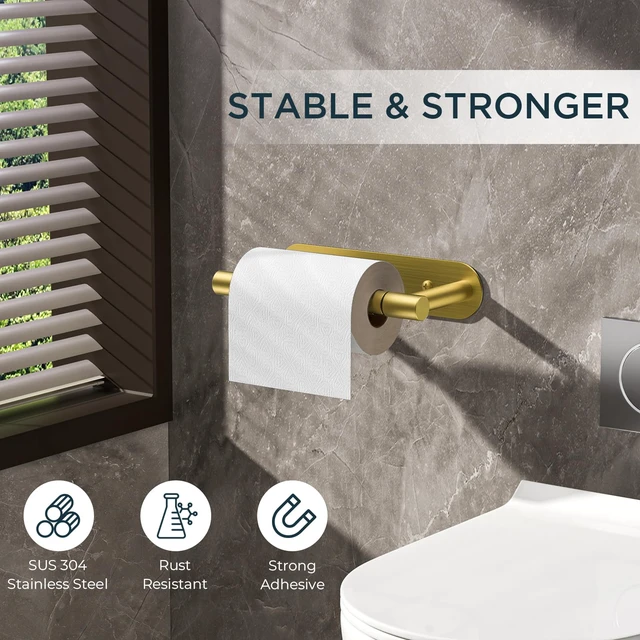 Alt view image 5 of 7 - Toilet Paper Holder, Adhesive or Screw Wall Mount Pivoting Tissue Roll Holder for Bathroom, Stainless Steel Rustproof Self Adhesive Toilet Paper Roll Dispenser no Drilling, Brushed Gold