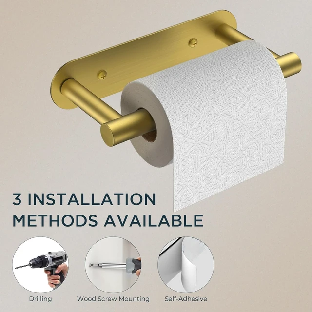 Alt view image 6 of 7 - Toilet Paper Holder, Adhesive or Screw Wall Mount Pivoting Tissue Roll Holder for Bathroom, Stainless Steel Rustproof Self Adhesive Toilet Paper Roll Dispenser no Drilling, Brushed Gold