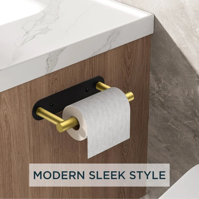 Alt view image 2 of 7 - Commercial Toilet Paper Holder Wall Mount Bathroom Tissue Holder Black & Gold Adhesive or Screw SUS304 Stainless Steel Rustproof Pivoting Tissue Roll Holder Round Base