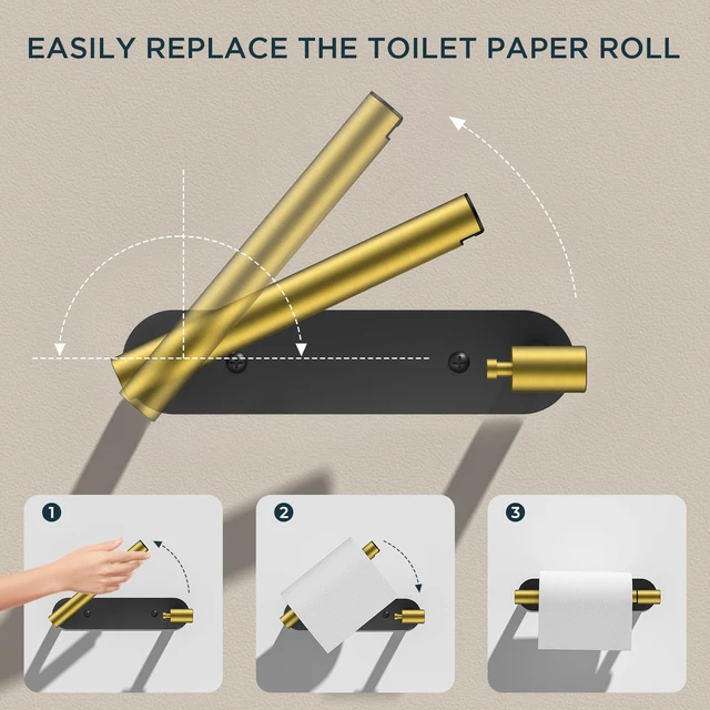Alt view image 3 of 7 - Commercial Toilet Paper Holder Wall Mount Bathroom Tissue Holder Black & Gold Adhesive or Screw SUS304 Stainless Steel Rustproof Pivoting Tissue Roll Holder Round Base