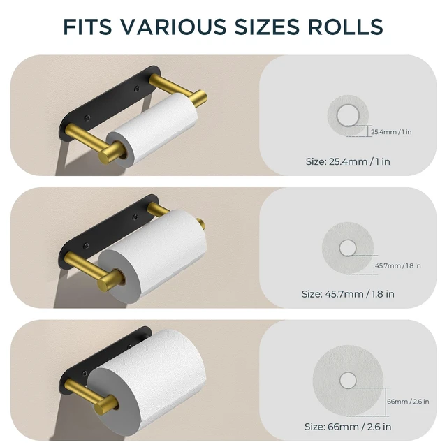 Alt view image 4 of 7 - Commercial Toilet Paper Holder Wall Mount Bathroom Tissue Holder Black & Gold Adhesive or Screw SUS304 Stainless Steel Rustproof Pivoting Tissue Roll Holder Round Base