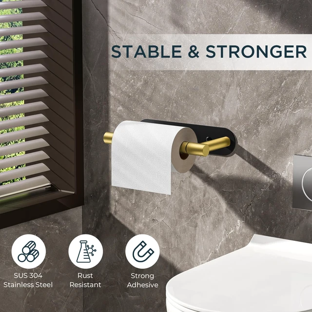 Alt view image 5 of 7 - Commercial Toilet Paper Holder Wall Mount Bathroom Tissue Holder Black & Gold Adhesive or Screw SUS304 Stainless Steel Rustproof Pivoting Tissue Roll Holder Round Base