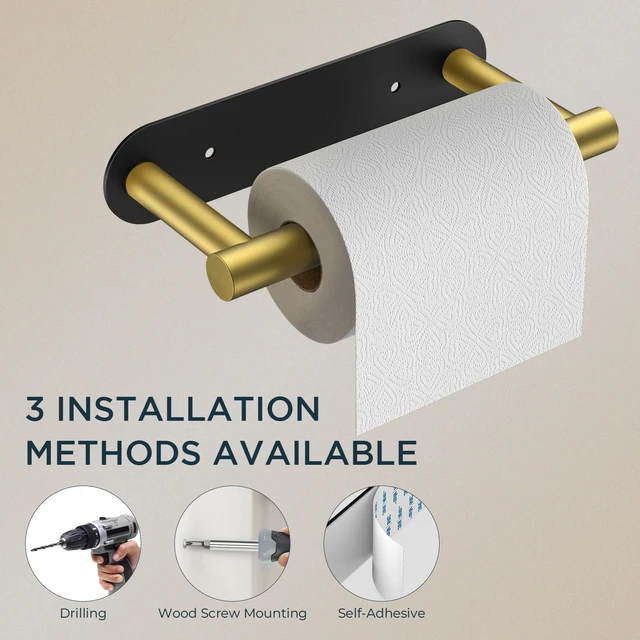 Alt view image 6 of 7 - Commercial Toilet Paper Holder Wall Mount Bathroom Tissue Holder Black & Gold Adhesive or Screw SUS304 Stainless Steel Rustproof Pivoting Tissue Roll Holder Round Base