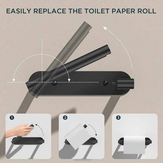 Alt view image 3 of 7 - Commercial Toilet Paper Holder Wall Mount Bathroom Tissue Holder Matte Black | Adhesive or Screw | SUS304 Stainless Steel Rustproof | Pivoting Tissue Roll Holder | Round Base