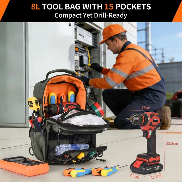 Alt view image 2 of 7 - Tactical Electrician & HVAC Tool Chest Bag, 3-Point Harness Green Small Tool Pouch,1680D Oxford Water-Resistant, 15 Pockets, 8L, Padded Adjustable Strap, MOLLE Webbing for Technicians DIY