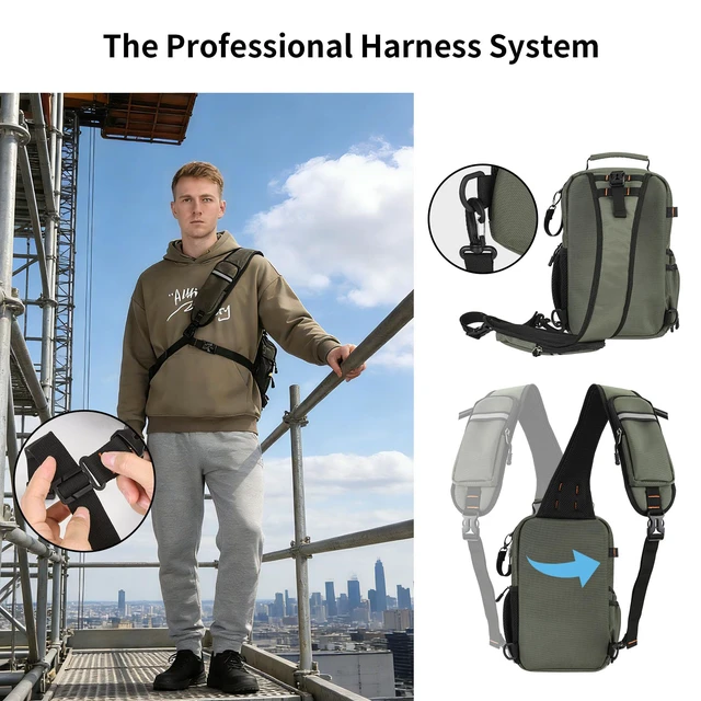 Alt view image 3 of 7 - Tactical Electrician & HVAC Tool Chest Bag, 3-Point Harness Green Small Tool Pouch,1680D Oxford Water-Resistant, 15 Pockets, 8L, Padded Adjustable Strap, MOLLE Webbing for Technicians DIY