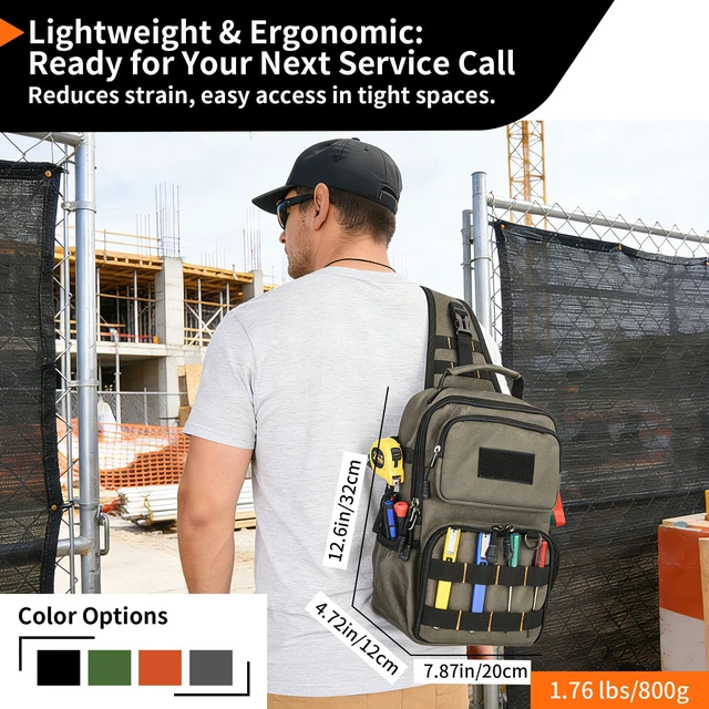 Alt view image 4 of 7 - Tactical Electrician & HVAC Tool Chest Bag, 3-Point Harness Green Small Tool Pouch,1680D Oxford Water-Resistant, 15 Pockets, 8L, Padded Adjustable Strap, MOLLE Webbing for Technicians DIY