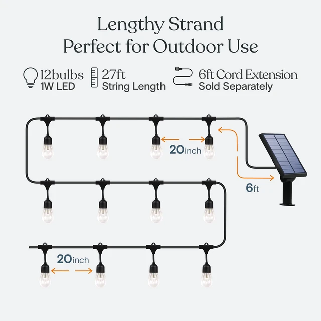 Alt view image 3 of 7 - Ambience Pro 27 Ft Solar Powered Outdoor String Lights - Commercial Grade Waterproof Patio Lights with Edison Bulbs, Shatterproof LED String Lights for Patio - 1W, Warm White, 12 Bulbs