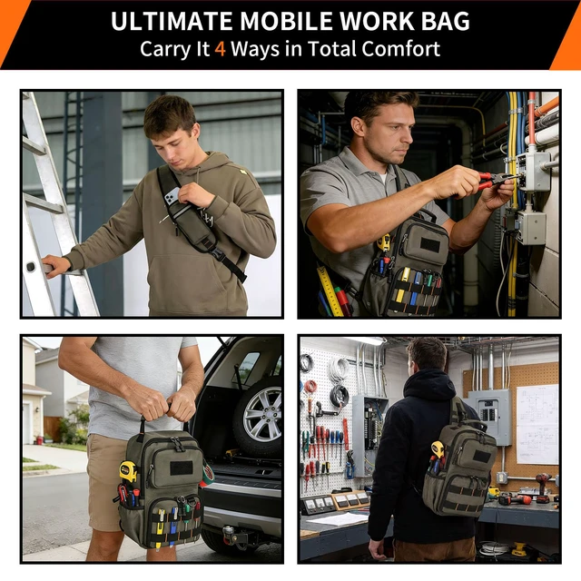 Alt view image 6 of 7 - Tactical Electrician & HVAC Tool Chest Bag, 3-Point Harness Green Small Tool Pouch,1680D Oxford Water-Resistant, 15 Pockets, 8L, Padded Adjustable Strap, MOLLE Webbing for Technicians DIY