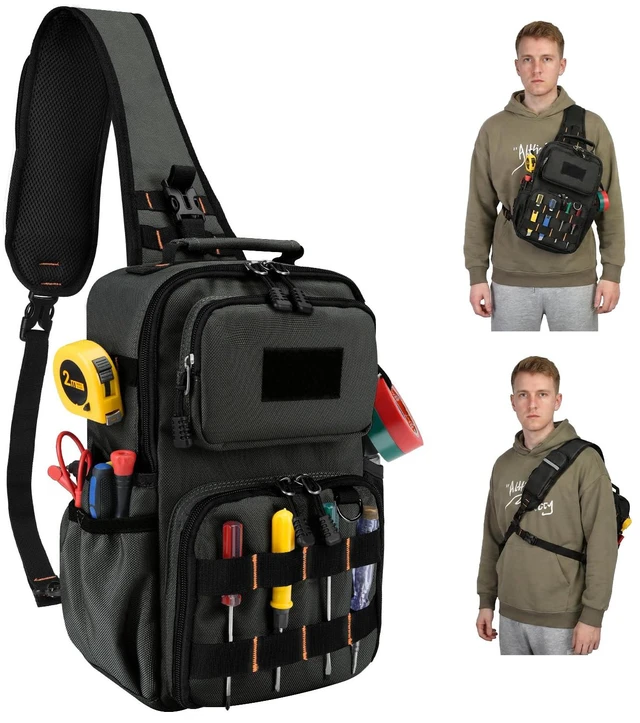 Main image of Tactical Electrician & HVAC Tool Chest Bag, 3-Point Harness Grey Small Tool Pouch,1680D Oxford Water-Resistant, 15 Pockets, 8L, Padded Adjustable Strap, MOLLE Webbing for Technicians DIY