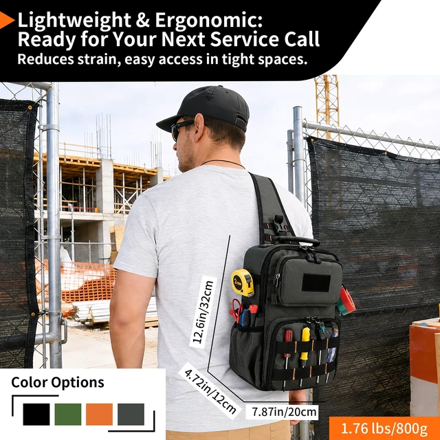 Alt view image 4 of 7 - Tactical Electrician & HVAC Tool Chest Bag, 3-Point Harness Grey Small Tool Pouch,1680D Oxford Water-Resistant, 15 Pockets, 8L, Padded Adjustable Strap, MOLLE Webbing for Technicians DIY