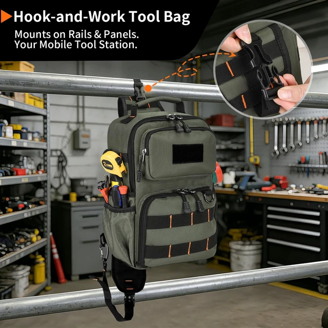 Alt view image 7 of 7 - Tactical Electrician & HVAC Tool Chest Bag, 3-Point Harness Green Small Tool Pouch,1680D Oxford Water-Resistant, 15 Pockets, 8L, Padded Adjustable Strap, MOLLE Webbing for Technicians DIY