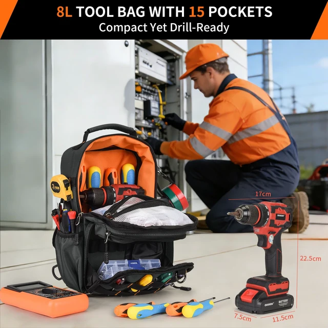 Alt view image 2 of 7 - Tactical Electrician & HVAC Tool Chest Bag, 3-Point Harness Grey Small Tool Pouch,1680D Oxford Water-Resistant, 15 Pockets, 8L, Padded Adjustable Strap, MOLLE Webbing for Technicians DIY