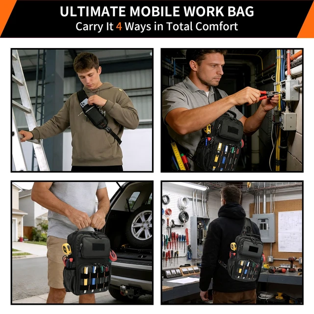 Alt view image 6 of 7 - Tactical Electrician & HVAC Tool Chest Bag, 3-Point Harness Grey Small Tool Pouch,1680D Oxford Water-Resistant, 15 Pockets, 8L, Padded Adjustable Strap, MOLLE Webbing for Technicians DIY