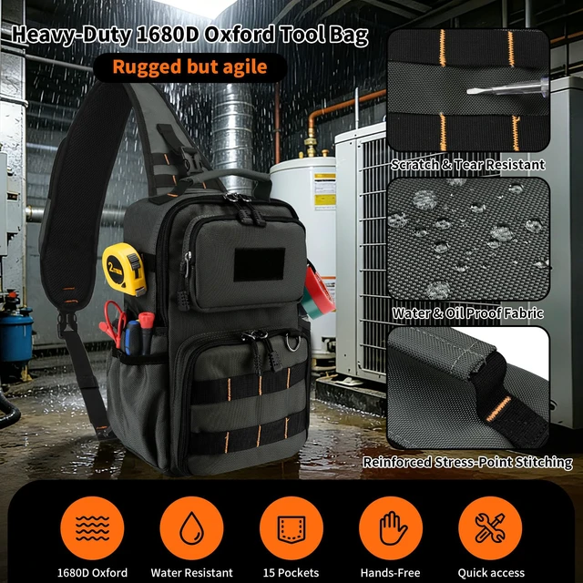 Alt view image 5 of 7 - Tactical Electrician & HVAC Tool Chest Bag, 3-Point Harness Grey Small Tool Pouch,1680D Oxford Water-Resistant, 15 Pockets, 8L, Padded Adjustable Strap, MOLLE Webbing for Technicians DIY