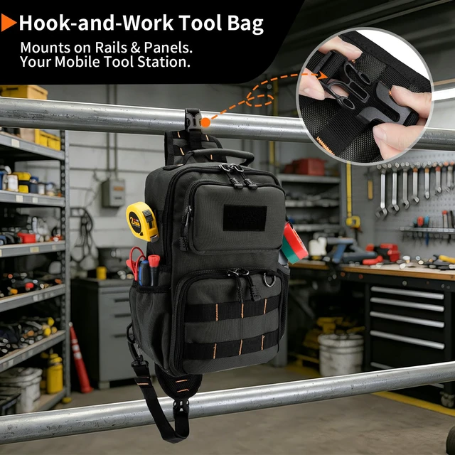 Alt view image 7 of 7 - Tactical Electrician & HVAC Tool Chest Bag, 3-Point Harness Grey Small Tool Pouch,1680D Oxford Water-Resistant, 15 Pockets, 8L, Padded Adjustable Strap, MOLLE Webbing for Technicians DIY