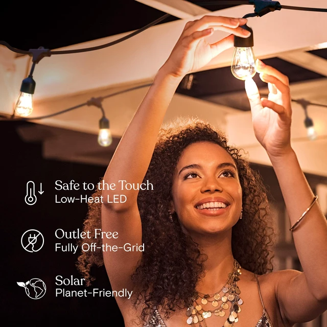 Alt view image 6 of 7 - Ambience Pro Solar Powered Outdoor String Lights, 48 ft Commercial Grade Waterproof Patio Lights, 15 Edison Bulbs, Shatterproof LED String Lights for Outside, Porch - 1W Warm White