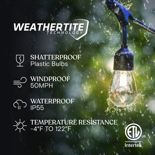 Alt view image 2 of 7 - Ambience Pro - 48 Ft Waterproof, Solar Power Outdoor String Lights - 1W LED Hanging Edison Bulbs Create Bistro Ambience in Your Yard - Commercial Grade, Shatterproof - 15 Lights, Soft White