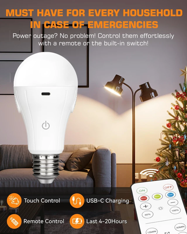 Alt view image 2 of 7 - CordlessGlow 15W A19 Rechargeable Light Bulbs with Remote, 3 Color Temperatures + Dimmable Battery Powered Light Bulbs,up to 24 Hours